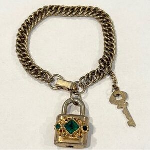 Vintage Emerald Green Rhinestone Victorian Style Lock & Key Charm Bracelet Chain